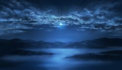 Rule 34 | 55dopl3e, blue theme, cloud, cloudy sky, full moon, landscape, monochrome, moon, moonlight, mountain, night, no humans, original, scenery, sky, water
