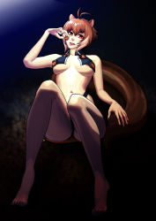 Rule 34 | 1girl, acorn, ahoge, animal ears, antenna hair, arc system works, areola slip, bad id, bad pixiv id, barefoot, blazblue, blazblue: continuum shift, breasts, brown hair, cielociel, highres, large breasts, makoto nanaya, naughty face, navel, panties, red eyes, solo, squirrel ears, squirrel tail, tail, thong, tongue, tongue out, underboob, underwear