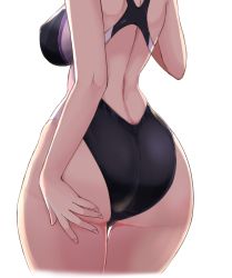 Rule 34 | 1girl, ass, back, bad id, bad pixiv id, black one-piece swimsuit, competition swimsuit, cowboy shot, head out of frame, highleg, highleg swimsuit, kantai collection, kihou no gotoku dmc, one-piece swimsuit, simple background, solo, suzuya (kancolle), swimsuit, thigh gap, white background