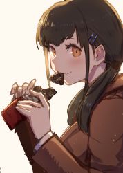 Rule 34 | 1girl, backlighting, black hair, candy, chocolate, chocolate bar, commentary, food, hair ornament, hairclip, highres, holding, kuroi susumu, looking at viewer, mouth hold, original, school uniform, smile, solo, twintails, upper body, valentine, yellow eyes