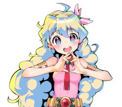 Rule 34 | + +, 1girl, :d, armlet, bare shoulders, belt, blonde hair, blue eyes, blue hair, dress, long hair, looking at viewer, multicolored hair, necktie, nia teppelin, onono imoko (style), open mouth, own fingers together, pink dress, red necktie, sleeveless, sleeveless dress, smile, solo, symbol-shaped pupils, td jia xiaoyou (fsmp2237), teeth, tengen toppa gurren lagann, transparent background, two-tone hair, upper body, upper teeth only, very long hair