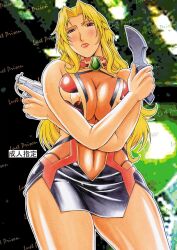 Rule 34 | 1girl, alicia viewstream, bare legs, blonde hair, breast hold, breasts, breasts squeezed together, brooch, center opening, cleavage, covered navel, crossed arms, curvy, dress, greyscale, gun, highleg, highleg panties, highres, hip focus, holding, holding gun, holding knife, holding weapon, jewelry, kangoku senkan, kangoku senkan 2, knife, large breasts, lipstick, long hair, looking at viewer, makeup, miniskirt, minyanyako, monochrome, navel, no bra, panties, see-through, see-through dress, see-through skirt, shiny clothes, shiny skin, short dress, simple background, skirt, solo, thighs, thong, underwear, upskirt, weapon, wide hips