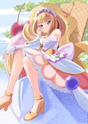 Rule 34 | 1girl, apron, blonde hair, blue eyes, blunt bangs, blush, bridal gauntlets, cure finale, delicious party precure, hair ornament, high ponytail, highres, kasai amane, long hair, magical girl, parfait, precure, sidelocks, sitting, smile, solo, star (symbol), star hair ornament, tiara, tirofinire, wide ponytail