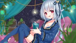 Rule 34 | 1girl, blush, breasts, cleavage, crescent, crescent hair ornament, cup, curtains, frilled shirt, frilled shorts, frills, glowing, grey hair, hair ornament, hair ribbon, hair rings, hanging plant, highres, holding, holding cup, indie virtual youtuber, kagetsu airy, knees up, lace, lace-trimmed thighhighs, large breasts, long hair, looking at viewer, nail polish, night, night sky, open mouth, pajamas, pillow, plant, potted plant, red eyes, ribbon, shirt, shorts, sitting, sky, smile, solo, star (sky), star (symbol), star print, starry sky, steam, succulent plant, thighhighs, virtual youtuber, yukiririn