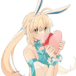 Rule 34 | 1girl, ahoge, animal ears, aqua bow, aqua dress, artoria caster (fate), artoria caster (swimsuit) (fate), artoria caster (swimsuit) (second ascension) (fate), artoria pendragon (fate), bare shoulders, blonde hair, blue scrunchie, blush, bow, box, covering own mouth, detached sleeves, dress, fate/grand order, fate (series), frown, gift, green eyes, hair between eyes, halterneck, hands up, heart-shaped box, highres, holding, holding box, holding gift, huwamo9 8ku, long hair, looking at viewer, puffy short sleeves, puffy sleeves, rabbit ears, red ribbon, ribbon, scrunchie, short sleeves, signature, simple background, solo, twintails, upper body, valentine, white background, wrist cuffs
