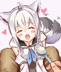 Rule 34 | 1girl, ahoge, animal ears, between legs, blue neckerchief, blush, braid, breasts, chitose tomo, cleavage, closed eyes, commentary request, detached sleeves, feeding, fox ears, fox girl, fox tail, hair between eyes, heart, holding, holding spoon, hololive, hood, hoodie, looking at viewer, motion lines, neckerchief, open mouth, pov, pov hands, shirakami fubuki, shirakami fubuki (1st costume), sidelocks, signature, simple background, single braid, spoon, tail, tail wagging, virtual youtuber, white background, white hair, white hoodie