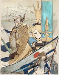 Rule 34 | &gt;:(, &gt;:o, 10s, 1boy, 2016, 2girls, :o, armor, armored dress, artist name, banner, baotorda, blonde hair, blue dress, blue eyes, breastplate, brigette (granblue fantasy), brown hair, castle, charlotta (granblue fantasy), closed mouth, cloud, crown, dated, draph, dress, frown, gauntlets, granblue fantasy, harvin, harvin, helmet, highres, holding, holding sword, holding weapon, horns, huge weapon, knight, long hair, masato (mirai koubou), multiple girls, open mouth, pointy ears, puffy short sleeves, puffy sleeves, short hair, short sleeves, sword, v-shaped eyebrows, weapon