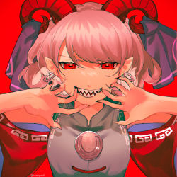 Rule 34 | 1girl, earrings, hands up, highres, horizontal pupils, horns, jewelry, looking at viewer, oito (bowstringsmall), pointy ears, red background, red eyes, sharp teeth, short hair, silver hair, simple background, solo, swept bangs, teeth, touhou, toutetsu yuuma, upper body