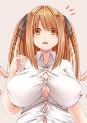 Rule 34 | ^^^, 1girl, absurdres, blush, breasts, brown eyes, brown hair, bursting breasts, cleavage, creek (moon-sky), covered erect nipples, frown, hair ribbon, highres, large breasts, long hair, looking at viewer, open mouth, original, pov, ribbon, simple background, straining buttons, two side up, upper body