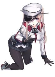 Rule 34 | 10s, 1girl, akasaai, anchor, black gloves, black pantyhose, blonde hair, blue eyes, blush, grabbing another&#039;s breast, breast hold, breasts, capelet, celtic knot, commentary request, female focus, full body, gloves, grabbing, graf zeppelin (kancolle), grey eyes, hair between eyes, hand on own chest, hat, kantai collection, kneeling, large breasts, long hair, looking at viewer, md5 mismatch, miniskirt, open mouth, pantyhose, peaked cap, pleated skirt, resized, grabbing own breast, simple background, skirt, solo, white background