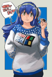 Rule 34 | 1girl, absurdres, blue hair, breasts, cable, closed mouth, dolphin, flipped hair, headgear, headphones, highres, long hair, looking at viewer, microsoft windows, os-tan, pants, simple background, smile, solo, standing, sweater, toriny, winchan, yellow eyes