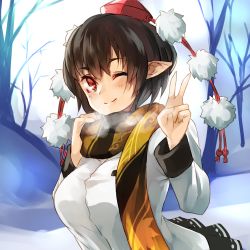Rule 34 | 1girl, arched back, bare tree, black hair, black skirt, blurry, blush, breasts, breath, day, depth of field, hair between eyes, hand up, hat, highres, light smile, long sleeves, looking at viewer, medium breasts, nuqura, one eye closed, outdoors, pointy ears, red eyes, scarf, shameimaru aya, short hair, skirt, sky, snow, solo, tokin hat, touhou, tree, upper body, v, white sky, winter