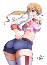 Rule 34 | 1girl, ass, belt, blonde hair, blush, breasts, chestnut mouth, covered erect nipples, from behind, green eyes, gundam, gundam tekketsu no orphans, heart, huge ass, jacket, lafter frankland, large breasts, leaning, leaning forward, long hair, looking at viewer, low twintails, open mouth, shiny skin, short shorts, shorts, sideboob, smile, solo, striped clothes, striped thighhighs, thighhighs, tongue, twintails, v