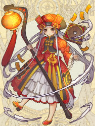 Rule 34 | bad id, bad pixiv id, bow, dairoku ryouhei, dress, full body, grey eyes, grey hair, hat, hat bow, holding, holding staff, lantern, long hair, long sleeves, looking at viewer, mugu1, official art, paper lantern, puffy long sleeves, puffy sleeves, red bow, red dress, red footwear, red hat, simple background, solo, staff, standing, tagme, talisman, very long hair, wide sleeves