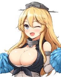 Rule 34 | 10s, 1girl, ;d, bare shoulders, blonde hair, blue eyes, blush, breasts, buttons, cleavage, detached sleeves, don (29219), hair between eyes, headgear, iowa (kancolle), kantai collection, large breasts, long hair, looking at viewer, one eye closed, open mouth, pom pom (cheerleading), smile, solo, star-shaped pupils, star (symbol), symbol-shaped pupils, upper body