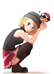 Rule 34 | 1boy, 1girl, ash ketchum, bare arms, blonde hair, blue eyes, blush, boots, brown footwear, brown thighhighs, carrying, chibi, commentary request, creatures (company), earrings, eyelashes, from side, game freak, grey headwear, hat, heart, highres, jewelry, mini person, miniboy, nintendo, parted lips, pokemon, pokemon (anime), pokemon journeys, pokemon swsh105, red skirt, serena (pokemon), short hair, skirt, smile, squatting, sweater vest, thighhighs, white background, yu062424