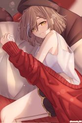 Rule 34 | 1girl, bed, bed sheet, beret, braid, braided bangs, brown eyes, brown hair, camisole, cardigan, grin, hat, highres, hololive, hololive english, leonardo 566, light particles, looking at viewer, multicolored hair, nanashi mumei, official alternate hairstyle, pillow, red cardigan, short hair, short shorts, shorts, smile, streaked hair, virtual youtuber, white camisole