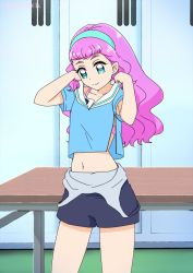 Rule 34 | 1girl, aozora middle school uniform, blue eyes, blue hairband, blue shirt, boh stick, bra, bra peek, closed mouth, clothes pull, collarbone, collared shirt, hairband, highres, indoors, laura (precure), locker, locker room, long hair, midriff, navel, one-piece swimsuit pull, open clothes, open shirt, pink bra, pink hair, precure, sailor collar, sailor shirt, school uniform, shirt, short shorts, shorts, smile, solo, standing, stomach, tropical-rouge! precure, underwear, very long hair, white sailor collar