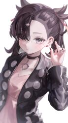 Rule 34 | 1girl, absurdres, asymmetrical bangs, bad id, bad twitter id, black choker, black hair, black jacket, black nails, black ribbon, breasts, choker, closed mouth, collarbone, creatures (company), earrings, game freak, gem, grey eyes, hair over one eye, hair ribbon, hand up, highres, jacket, jewelry, klakmon, light blush, long sleeves, looking at viewer, marnie (pokemon), medium hair, nail polish, nintendo, open clothes, open jacket, pendant choker, pink shirt, pokemon, pokemon swsh, red gemstone, red ribbon, ribbon, shirt, simple background, small breasts, solo, thick eyelashes, three quarter view, twintails, undercut, upper body, white background