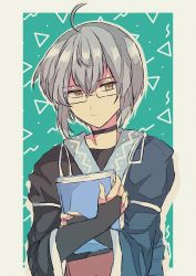 Rule 34 | 151moneco, 1boy, :/, ahoge, black choker, book, brown eyes, choker, closed mouth, glasses, grey hair, highres, japanese clothes, kimono, long sleeves, looking at viewer, morichika rinnosuke, one-hour drawing challenge, short hair, solo, touhou, upper body