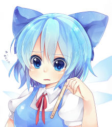 Rule 34 | 1girl, blue eyes, blue hair, bow, cirno, confused, face, hair bow, matching hair/eyes, popsicle stick, sasakichi (ssk chi), short hair, simple background, solo, touhou, white background