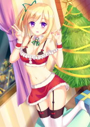Rule 34 | 1girl, bare shoulders, blonde hair, blush, breasts, christmas, christmas tree, cleavage, collarbone, detached collar, fingernails, garter straps, hair ribbon, highres, indoors, kneeling, large breasts, legs together, long hair, looking at viewer, midriff, nail polish, navel, original, pink nails, purple eyes, ribbon, shiny skin, side ponytail, skirt, solo, thigh gap, thighhighs, v, white thighhighs, window, yurina