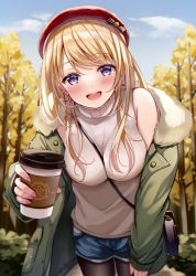 Rule 34 | 1girl, :d, autumn leaves, bag, beret, black pantyhose, blonde hair, blue shorts, blush, coffee cup, commentary request, cup, day, disposable cup, fur-trimmed jacket, fur trim, green jacket, hat, holding, holding cup, jacket, leaning forward, long hair, looking at viewer, mole, mole under eye, off shoulder, open clothes, open jacket, open mouth, original, outdoors, pantyhose, pantyhose under shorts, purple eyes, red hat, sakura hiyori, short shorts, shorts, shoulder bag, sleeveless, sleeveless sweater, sleeveless turtleneck, smile, solo, sweater, teeth, tree, turtleneck, turtleneck sweater, upper teeth only, white sweater