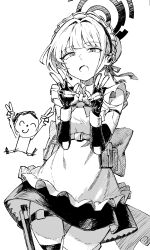 Rule 34 | 1boy, 1girl, absurdres, apron, blue archive, doodle sensei (blue archive), double v, fingerless gloves, gloves, greyscale, halo, hayashi itsuki, headset, highres, looking at viewer, maid, maid apron, maid headdress, monochrome, open mouth, sensei (blue archive), short hair, simple background, thigh strap, thighs, toki (blue archive), v, white background