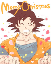 Rule 34 | 1boy, black hair, confetti, dougi, dragon ball, dragonball z, closed eyes, happy, highres, male focus, merry christmas, miiko (drops7), outstretched hand, simple background, smile, solo, solo focus, son goku, spiked hair, white background