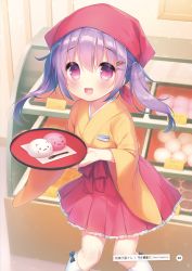 Rule 34 | 1girl, :d, bakery, blue bow, blurry, blurry background, blush, bow, brown kimono, depth of field, food, hair between eyes, hair ornament, hairclip, head scarf, heart, heart hair ornament, highres, holding, holding tray, indoors, japanese clothes, kimono, kneehighs, long hair, long sleeves, looking at viewer, open mouth, original, pleated skirt, purple eyes, purple hair, red shirt, shirt, shop, sidelocks, skirt, smile, socks, solo, tray, twintails, uniform, usashiro mani, waitress, white socks, wide sleeves