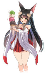 Rule 34 | 1girl, absurdres, animal ear fluff, animal ears, azur lane, bare shoulders, black hair, blush, brown eyes, detached sleeves, dress, food, fox ears, fox girl, hair ornament, hey taisyou, highres, holding, holding food, holding ice cream, ice cream, ice cream cone, long hair, melting, nagato (azur lane), open mouth, quadruple scoop, red dress, short dress, simple background, solo, sparkle, strapless, strapless dress, thighs, white background, white sleeves