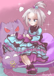Rule 34 | &gt;:(, 1girl, ayysquidly, bean bag chair, commission, creatures (company), dress, forehead, frilled dress, frills, game freak, gen 1 pokemon, gengar, hair bobbles, hair ornament, highres, koffing, lolita fashion, musical note, nintendo, phone, pokemon, pokemon (creature), pokemon bw2, pout, roxie (pokemon), signature, solo, sparkle, stuffed toy, topknot, white hair