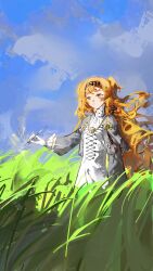 Rule 34 | 1girl, absurdres, ashufu, blue sky, braid, checkered hairband, chinese commentary, closed mouth, cloud, commentary request, day, dress, floating hair, glass pen, gloves, grass, green eyes, grey sleeves, high collar, highres, holding, holding wand, long hair, long sleeves, orange hair, outdoors, reverse:1999, side braid, sky, solo, sonetto (reverse:1999), standing, tall grass, two side up, very long hair, wand, white dress, white gloves