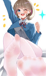 Rule 34 | 1girl, absurdres, artist request, blue eyes, blush, feet, foot focus, he c92, highres, love live!, love live! superstar!!, medium hair, one eye closed, open mouth, pantyhose, soles, solo, tang keke, toes, white background