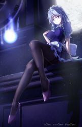 Rule 34 | 1girl, apron, black pantyhose, blush, braid, breasts, commentary request, crossed legs, dress, full moon, high heels, highres, izayoi sakuya, large breasts, looking at viewer, maid headdress, moon, pantyhose, purple dress, purple footwear, s.claw, short hair, short sleeves, side braids, signature, silver hair, sitting, solo, touhou, twitter username, waist apron, white headwear, white sleeves