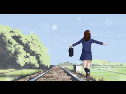 Rule 34 | 1girl, bag, black footwear, black socks, blue sky, brown hair, commentary, commentary request, day, from behind, grass, highres, holding, holding bag, landscape, lens flare, letterboxed, long hair, long sleeves, original, outstretched arms, railroad tracks, sasaki112, scenery, school uniform, shoes, sky, socks, solo, tree, walking