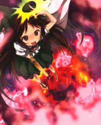 Rule 34 | 1girl, absurdres, arm cannon, black wings, bow, brown eyes, brown hair, cape, female focus, fire, from above, hair bow, highres, long hair, moriki takeshi, official art, reiuji utsuho, skirt, smile, solo, touhou, weapon, wings