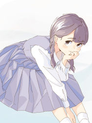 Rule 34 | 1girl, blue dress, blunt bangs, blush, blush stickers, braid, brown eyes, brown hair, commentary, dress, dress shirt, elbow on knee, elbow rest, hand on own chin, head rest, highres, leaning forward, long hair, long sleeves, looking at viewer, original, pinafore dress, pleated dress, pout, raised eyebrows, school uniform, shirt, simple background, sitting, sleeveless dress, socks, solo, tariki fretless, twin braids, uniform, upturned eyes, white background, white shirt, white socks