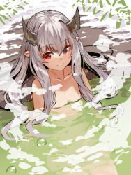 Rule 34 | 1girl, closed mouth, collarbone, commentary request, demon horns, grey hair, hair between eyes, highres, horns, long hair, looking at viewer, nude, onsen, original, partially submerged, pointy ears, red eyes, sidelocks, sitting, smile, snow, solo, steam, very long hair, water, yuuji (yukimimi)