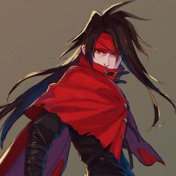 Rule 34 | 1boy, arm strap, black hair, black shirt, cloak, covered mouth, final fantasy, final fantasy vii, floating hair, grey background, headband, high collar, highres, long hair, long sleeves, looking at viewer, male focus, miromari, parted bangs, red cloak, red eyes, red headband, shirt, solo, square enix, torn cloak, torn clothes, upper body, vincent valentine