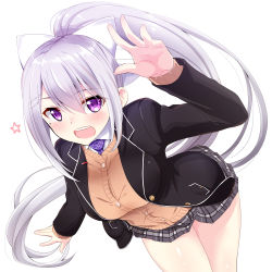 Rule 34 | 1girl, arm up, black jacket, blazer, bow, breasts, brown cardigan, cardigan, collared shirt, commentary request, fingernails, grey skirt, hair between eyes, hair bow, hair ornament, hairclip, high ponytail, higuchi kaede, jacket, leaning forward, long sleeves, medium breasts, mole, mole under eye, necktie, nijisanji, open clothes, open jacket, plaid, plaid necktie, plaid neckwear, plaid skirt, pleated skirt, ponytail, purple eyes, purple necktie, shirt, sidelocks, silver hair, simple background, skirt, sleeves past wrists, solo, star (symbol), virtual youtuber, watarui, white background, white bow, white shirt