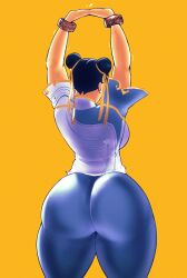 Rule 34 | 1girl, absurdres, arms up, ass, brown eyes, capcom, cdlum, chun-li, earrings, from behind, highres, huge ass, jewelry, simple background, solo, street fighter, stretching