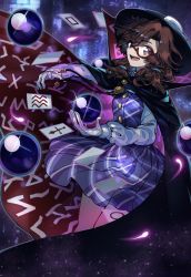 Rule 34 | 1girl, absurdres, black cape, bolo tie, bow, breasts, brown hair, cape, cloak, clothes writing, commentary request, creeper (gametime), fedora, glasses, hat, hat bow, high collar, highres, long sleeves, low twintails, occult ball, plaid, plaid skirt, plaid vest, purple skirt, purple vest, quimbaya airplane, red-framed eyewear, runes, school uniform, semi-rimless eyewear, shirt, short hair, skirt, small breasts, solo, telekinesis, touhou, twintails, under-rim eyewear, usami sumireko, vest, white shirt, zener card