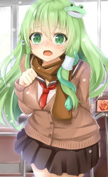 Rule 34 | 1girl, alternate costume, arm behind back, blush, box, breasts, cardigan, chair, chiroshiron, classroom, flying sweatdrops, frog hair ornament, gift, gift box, green eyes, green hair, hair ornament, heart-shaped box, highres, incoming gift, indoors, kochiya sanae, large breasts, long hair, long sleeves, looking at viewer, matching hair/eyes, neckerchief, open mouth, pleated skirt, scarf, school, school uniform, serafuku, shy, skirt, snake hair ornament, solo, tears, touhou, valentine, very long hair, wavy mouth, window