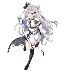 Rule 34 | 1girl, absurdres, black footwear, black thighhighs, blue eyes, braid, braided bangs, closed mouth, cone hair bun, cropped jacket, double bun, dress, earrings, felutiahime, full body, grey hair, hair bun, hair over one eye, highres, hololive, hololive indonesia, jacket, jewelry, loafers, long hair, looking at viewer, pleated dress, shoes, single thighhigh, smile, solo, thighhighs, two side up, vestia zeta, vestia zeta (1st costume), virtual youtuber, white dress, white jacket