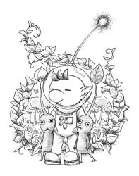 Rule 34 | 1boy, :&lt;, = =, astronaut, bodysuit, bug, butterfly, creature, full body, greyscale, helmet, insect, leaf, looking at viewer, monochrome, naru (wish field), nintendo, olimar, pikmin (creature), pikmin (series), plant, pointy ears, simple background, space helmet, standing, standing on one leg, white background