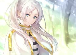 Rule 34 | 1girl, capelet, closed mouth, dress, e (eokiba), frieren, green eyes, grey hair, highres, long hair, looking at viewer, pointy ears, smile, solo, sousou no frieren, tree, twintails, upper body, white dress