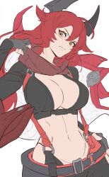 Rule 34 | 1girl, absurdres, ahoge, belt, black pants, breasts, cleavage, closed mouth, crop top, goddess of victory: nikke, hair between eyes, hand on own hip, headgear, highres, jacket, large breasts, looking at viewer, navel, pants, rakaieye, red hair, red hood (nikke), red jacket, red scarf, scarf, simple background, sketch, solo, two-sided fabric, two-sided jacket, unfinished, white background, white jacket, yellow eyes