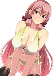Rule 34 | 1girl, akashi (kancolle), bikini, black thighhighs, blunt tresses, breasts, cleavage, commentary request, gradient bikini, green bikini, green eyes, hair ribbon, highres, kantai collection, large breasts, long hair, looking at viewer, official alternate costume, pink hair, ribbon, side-tie bikini bottom, solo, swimsuit, thighhighs, tirasi (so), tress ribbon