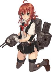 Rule 34 | 10s, 1girl, ahoge, arashi (kancolle), cannon, damaged, full body, gloves, grey eyes, grey thighhighs, gun, holding, holding gun, holding weapon, kantai collection, kneeling, konishi (koconatu), loafers, machinery, official art, panties, pleated skirt, red hair, school uniform, searchlight, shoes, skirt, solo, thighhighs, transparent background, turret, underwear, vest, weapon, white background, white gloves, white panties